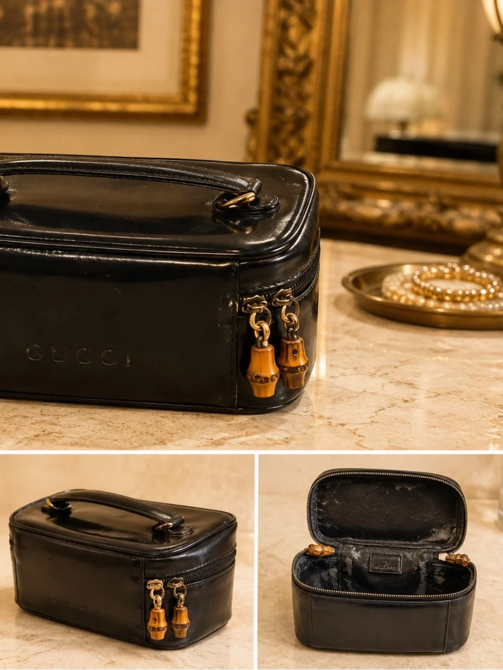 Gucci Vintage Black Patent Leather Cosmetic Vanity Pouch with Bamboo Pulls